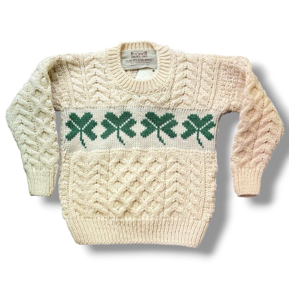 Aran Sweater Market Kids XS Irish Merino Wool‎ Shamrock Cable Knit Ireland